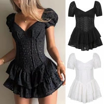 Fashion Solid Color V-neck Short Sleeve Tute Dress