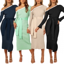 Elegant One-shoulder Long Sleeve Self-tie Bodycon Dress