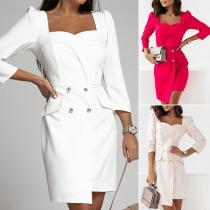 Elegant Solid Color Long Sleeve Double-breasted Irregular Hemline Dress