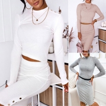 Fashion Solid Color Two-piece Set Consist of Mock Neck Crop Top and Slim Fit Skirt
