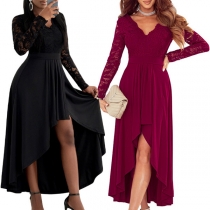 Fashion Lace Spliced V-neck Long Sleeve High-low Hemline Party Dress