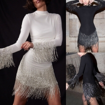 Fashion Mock Neck Long Sleeve Bling-bling Tassel Spliced Bodycon Party Dress