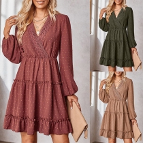 Fashion Swiss-dot Lace Spliced V-neck Long Sleeve Tiered Dress