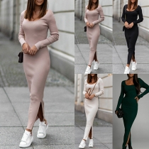 Fashion Solid Color Square Neck Long Sleeve Slit Bodycon Knitted Dress
