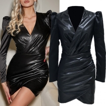 Sexy V-neck Puff Long Sleeve Irregular Hemline Artificial Leather PU Bodycon Dress