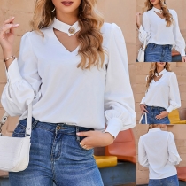 Fashion Cutout V-neck Puff Sleeve White Shirt