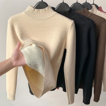 Enfärgad Mode Mock Neck långärmad plyschfodrad blus