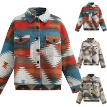 Vintage Printed Stand Collar Long Sleeve Duffle Jacket