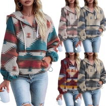 Vintage Geometric Print Kangaroo Pocket Hoodie Sweatshirt