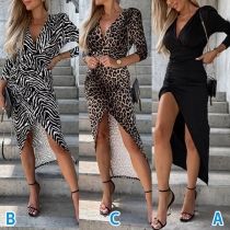 Fashion Printed Long Sleeve V-neck Irregular Hemline Dress