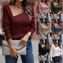 Sexy Solid Color Irregular Neckline Long Sleeve Knitted Sweater