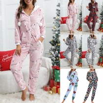 Mysig jultryckt tecknad huvpyjamas jumpsuit för kvinnor