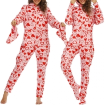 Fashion Heart Printed Plush Hoodied Pajama Jumpsuit with Socks