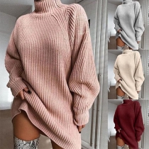 Fashion Solid Color Long Sleeve Mock Neck Sweater Dress