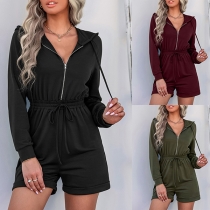 Casual Long Sleeve Zipper Drawstring Hooded Romper
