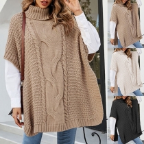 Fashion Solid Color Turtleneck Short Sleeve Slit Knitted Pullover Sweater