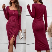Fashion Solid Color Scoop Neck Long Sleeve Drawstring Ruched Slit Dress