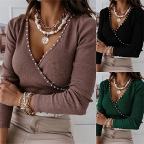 Fashion Beaed V-neck Long Sleeve Knitted Shirt