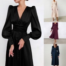 Elegant Solid Color V-neck Lantern Sleeve Satin Midi Dress