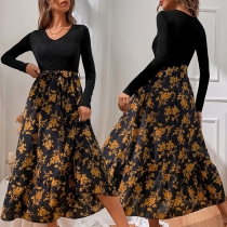 Fashion Floral Printed Round Neck Long Sleeve Midi Dress