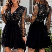 Fashion Bling-bling Gauze Spliced V-neck Party Dress