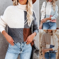 Fashion Contrast Color Turtleneck Long Sleeve Knitted Sweater