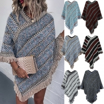 Vintage Contrast Color Tassel Irregular Hemline Cape Shawl for Women