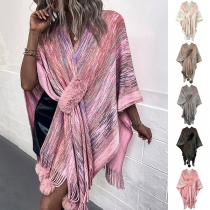 Fashion Contrast Color Tassle Pom-pom Irregular Hemline Cape Cardigan