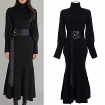 Elegant Solid Color Turtleneck Long Sleeve Ribbed Fishtail Dress (without Belt)