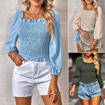 Fashion Solid Color Ruffled Smocked Swiss-dot Long Sleeve Shirt