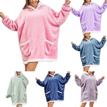 Fashion Contrast Color Long Sleeve Hooded Front-pocket Faux Lamb Wool TV-hoodie Oversize Hoodie