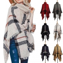 Street Fashion Checkered Turtleneck Tassel Cape Shawl