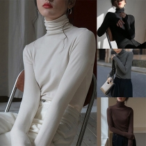 Comfortable Solid Color Turtleneck Long Sleeve Basic Shirt