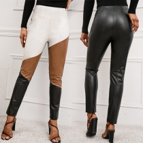 Street Fashion Contrast Color Artificial Leather PU Skinny Pants