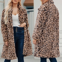 Mode Leopardtryckt Plyschkappa med Lapel (Storleken löper liten)