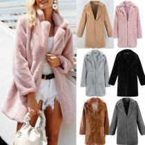 Fashion Solid Color Stand Collar Lapel Plush Coat