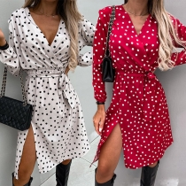 Fashion Polka-dot Printed V-neck Long Sleeve Self-tie Slit Dress
