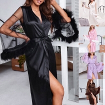 Sexy Semi-through Long Sleeve Spliced Feather Robe