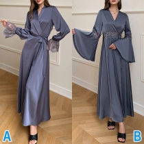 Elegant spetssmyckad trumpetärm rygglös självbunden satin loungekappa