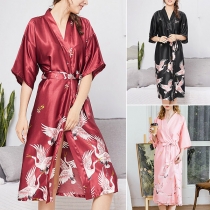 Elegant Bird Printed Elbow Sleeve Self-tie Loungewear Wrap Dress