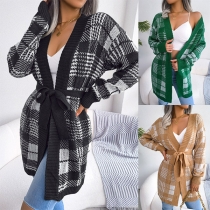 Casual Contrast Color Checkered Long Sleeve Slef-tie Cardigan