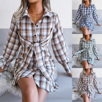 Casual Checkered Self-tie Shirt Dress