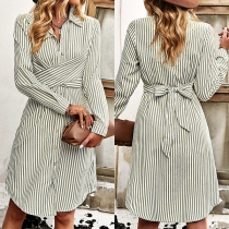 Fashion Vertical Stripe Printed Self-tie Shirt Dress