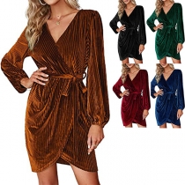 Casual V-neck Long Sleeve V-neck Self-tie Wrap Dress