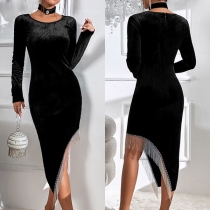 Fashion Solid Color Round Neck Long Sleeve Tassle Irregular Hemline Bodycon Dress