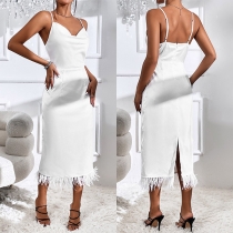 Sexy Solid Color Drape Neck Tassel Hemline Party Slip Dress