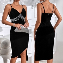 Sexy V-neck Irregular Hemline Tassel Bodycon Slip Dress