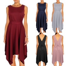 Casual Solid Color Round Neck Backless Self-tie Irregular Hemline Dress