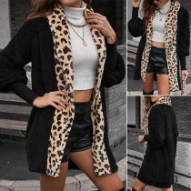 Casual Leopard Spliced Long Sleeve Plush Cardigan