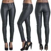 Modekläder för kvinnor i lokal stil – Enfärgade dragkedjor, medelhög midja, slim fit-jeans i konstläder PU